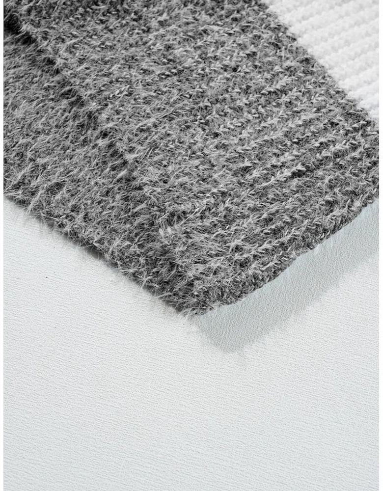 Gray Stripe Colorblock Bubble Sleeve Drop Shoulder Sweater Dress