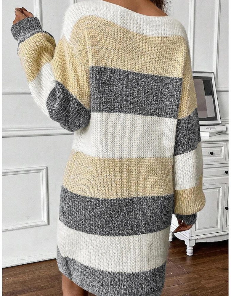 Gray Stripe Colorblock Bubble Sleeve Drop Shoulder Sweater Dress