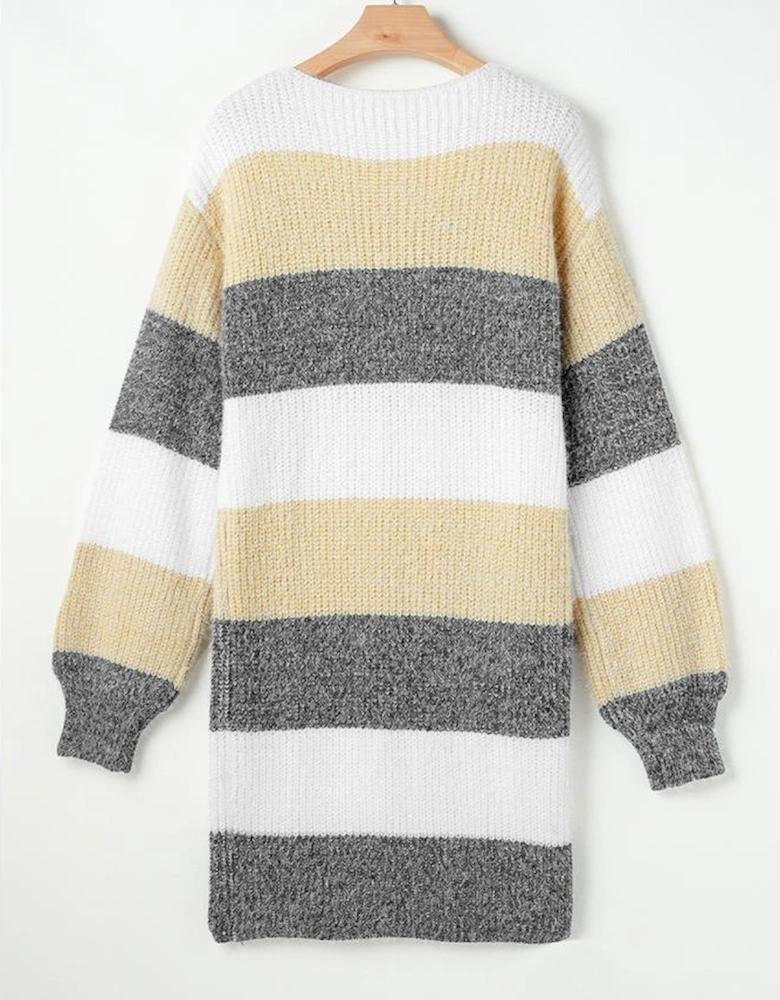 Gray Stripe Colorblock Bubble Sleeve Drop Shoulder Sweater Dress