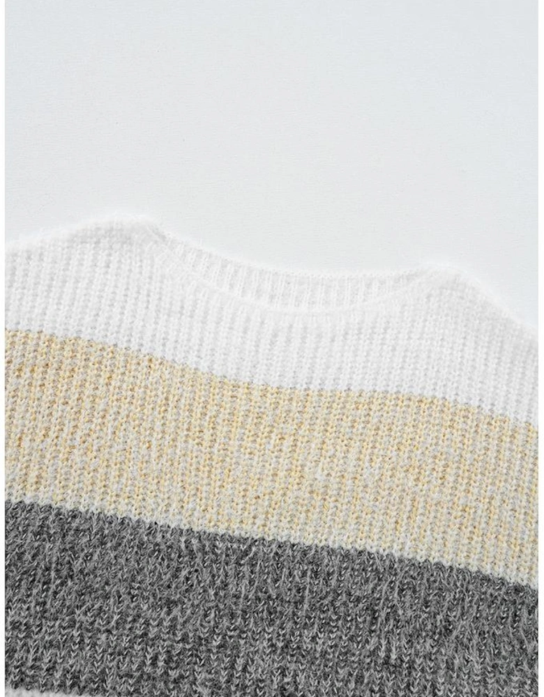 Gray Stripe Colorblock Bubble Sleeve Drop Shoulder Sweater Dress