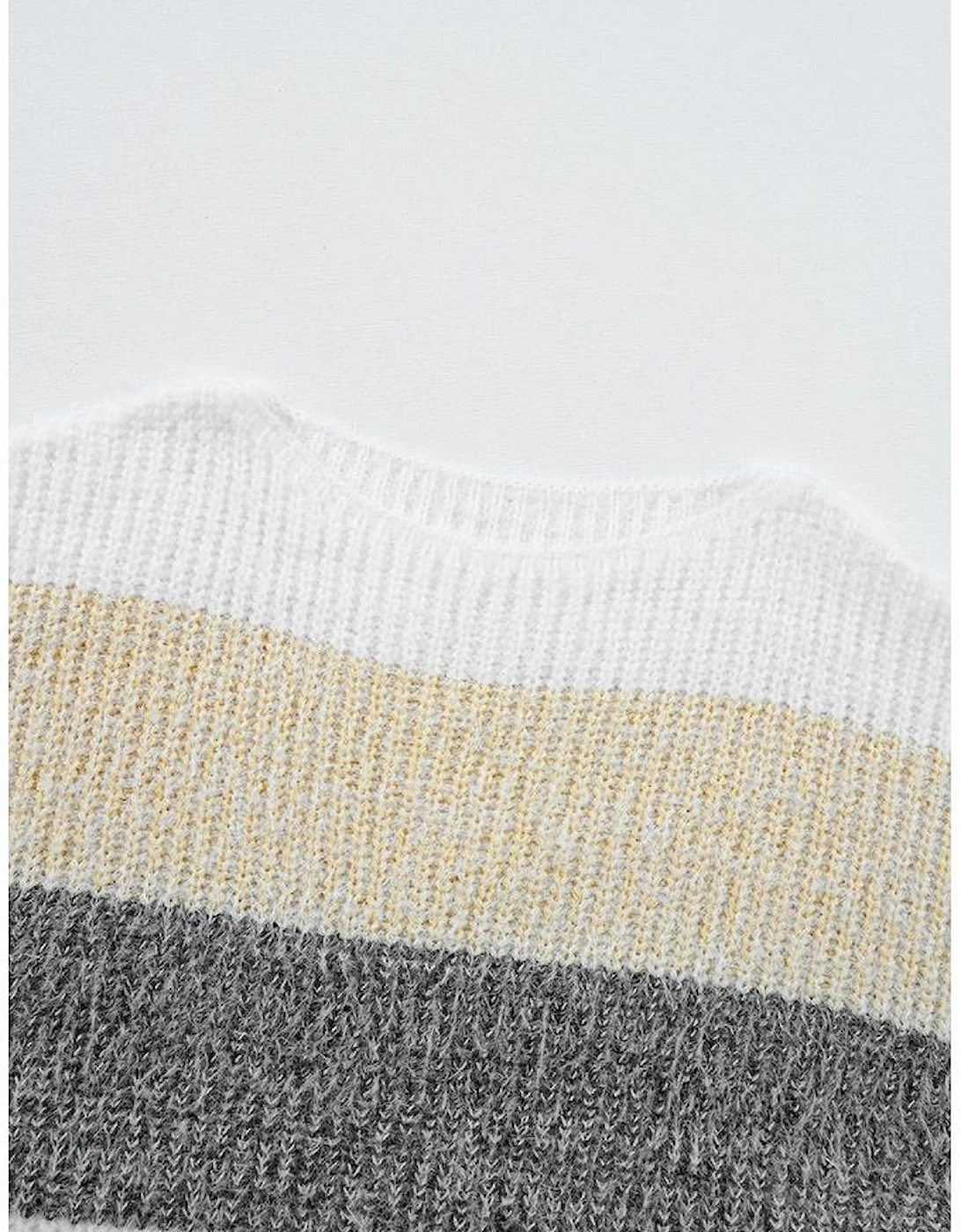 Gray Stripe Colorblock Bubble Sleeve Drop Shoulder Sweater Dress