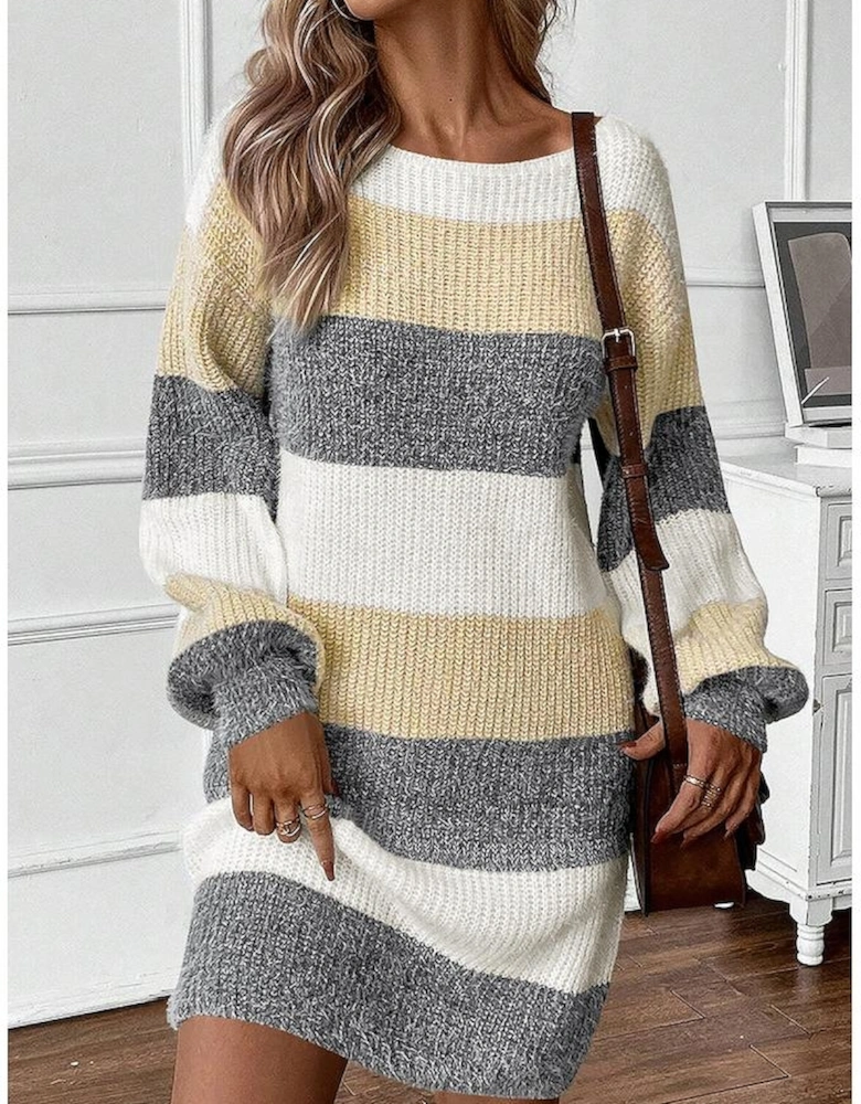 Gray Stripe Colorblock Bubble Sleeve Drop Shoulder Sweater Dress