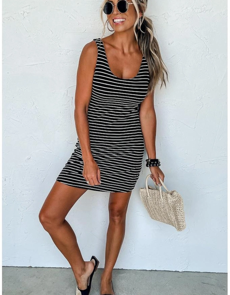 Black Stripe Ribbed Knit Sleeveless Mini Dress