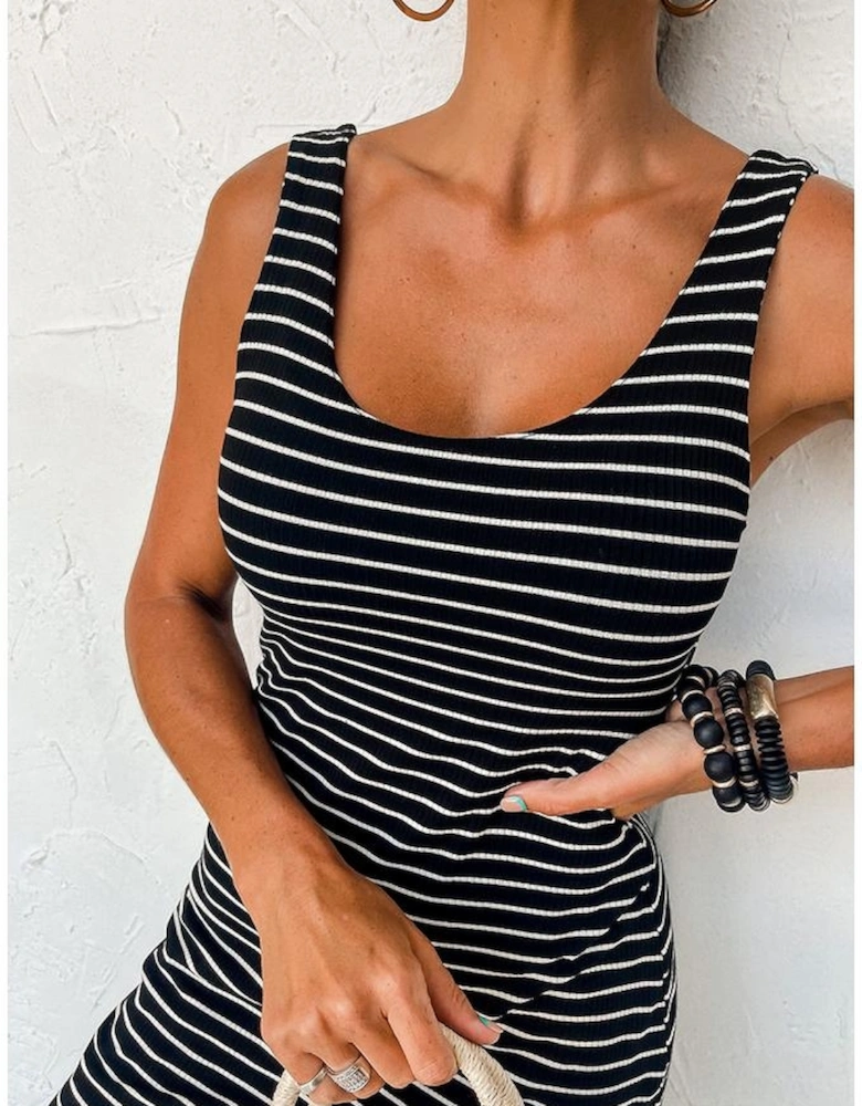 Black Stripe Ribbed Knit Sleeveless Mini Dress