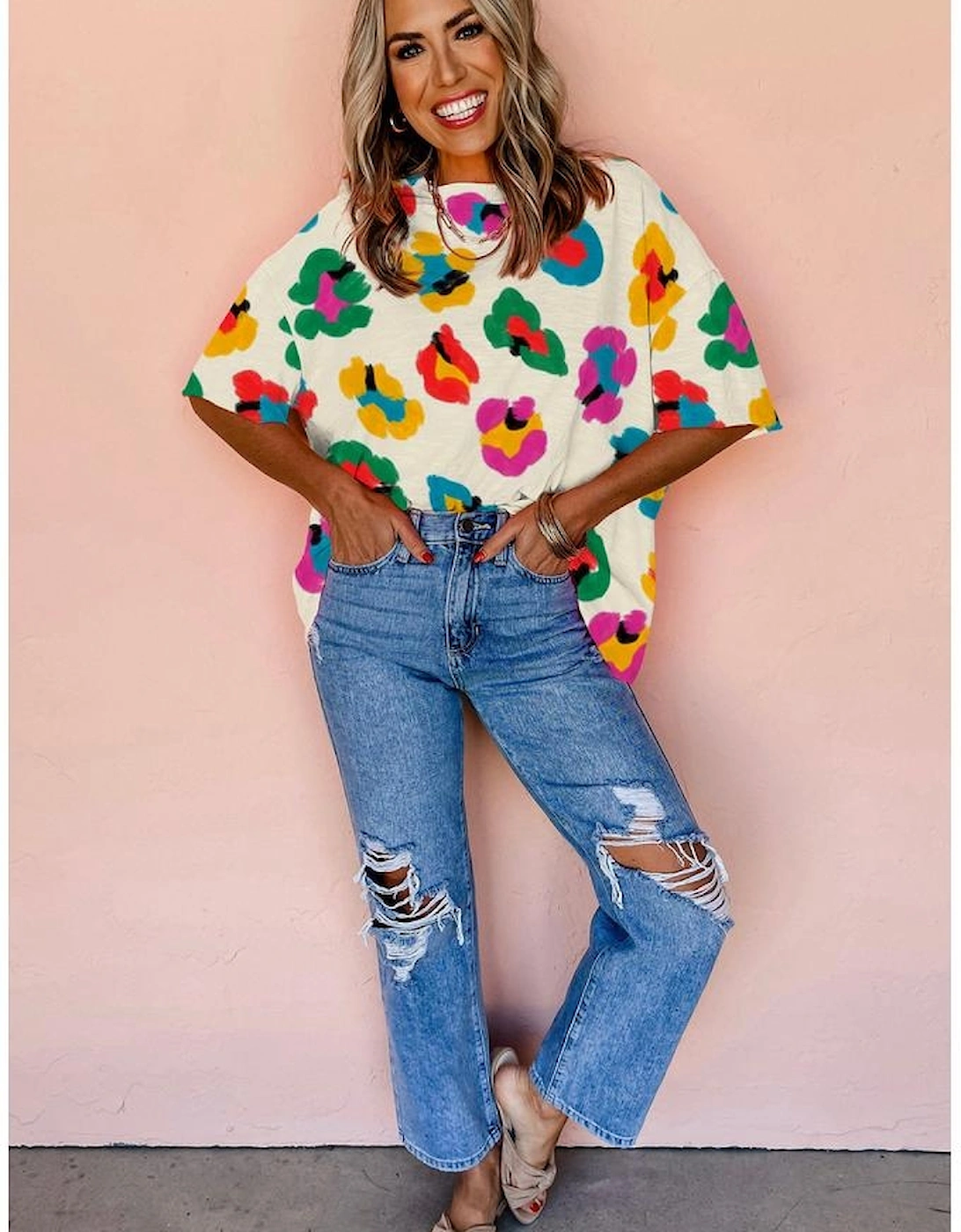 Apricot Leopard Drop Shoulder Oversize Tee