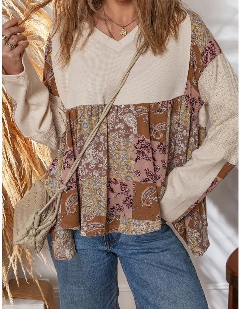Beige Paisley Ethnic Print Contrast Patchwork Long Sleeve Loose Top