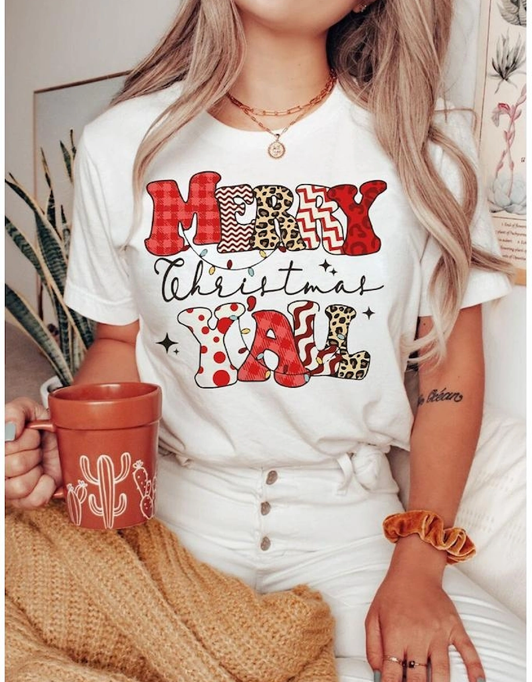 White MERRY Christmas YAll Graphic Crewneck T Shirt