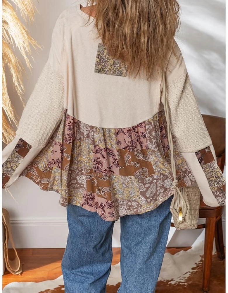 Beige Paisley Ethnic Print Contrast Patchwork Long Sleeve Loose Top