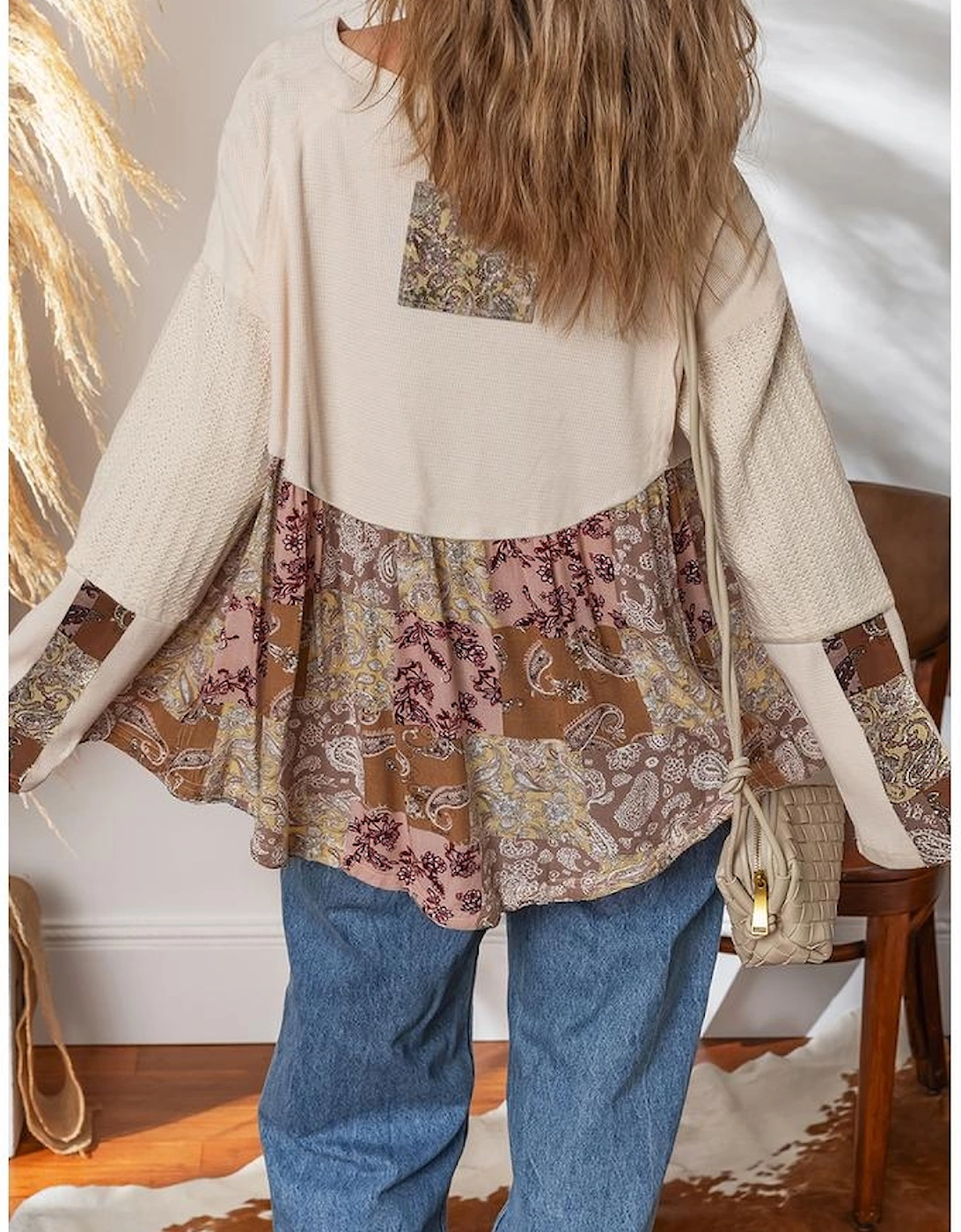 Beige Paisley Ethnic Print Contrast Patchwork Long Sleeve Loose Top, 3 of 2