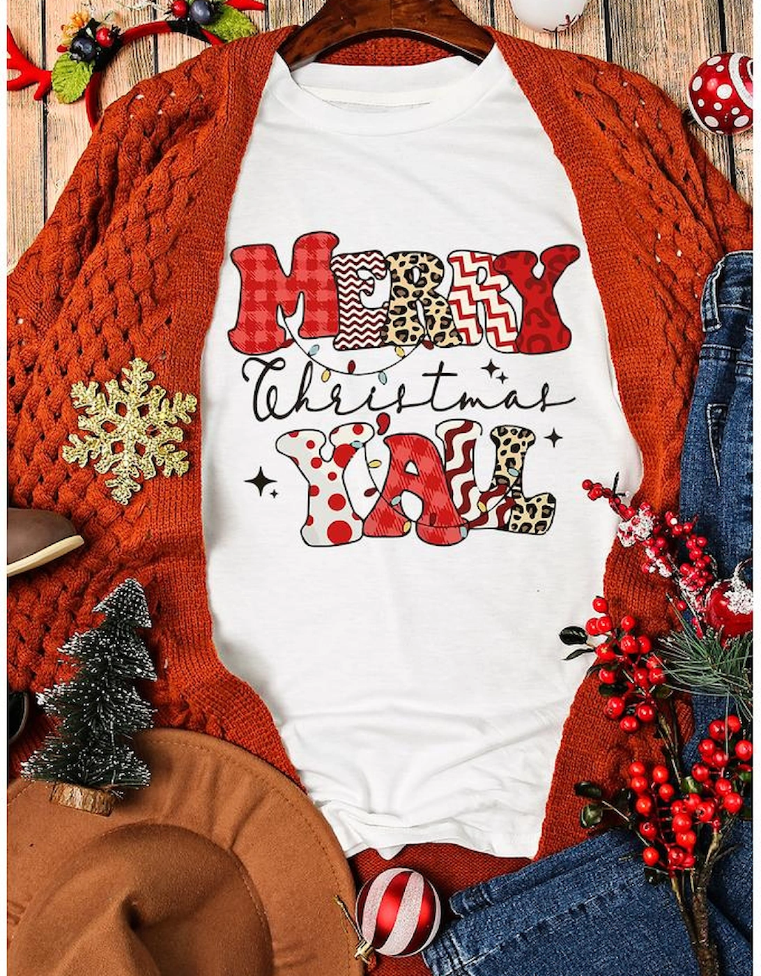 White MERRY Christmas YAll Graphic Crewneck T Shirt