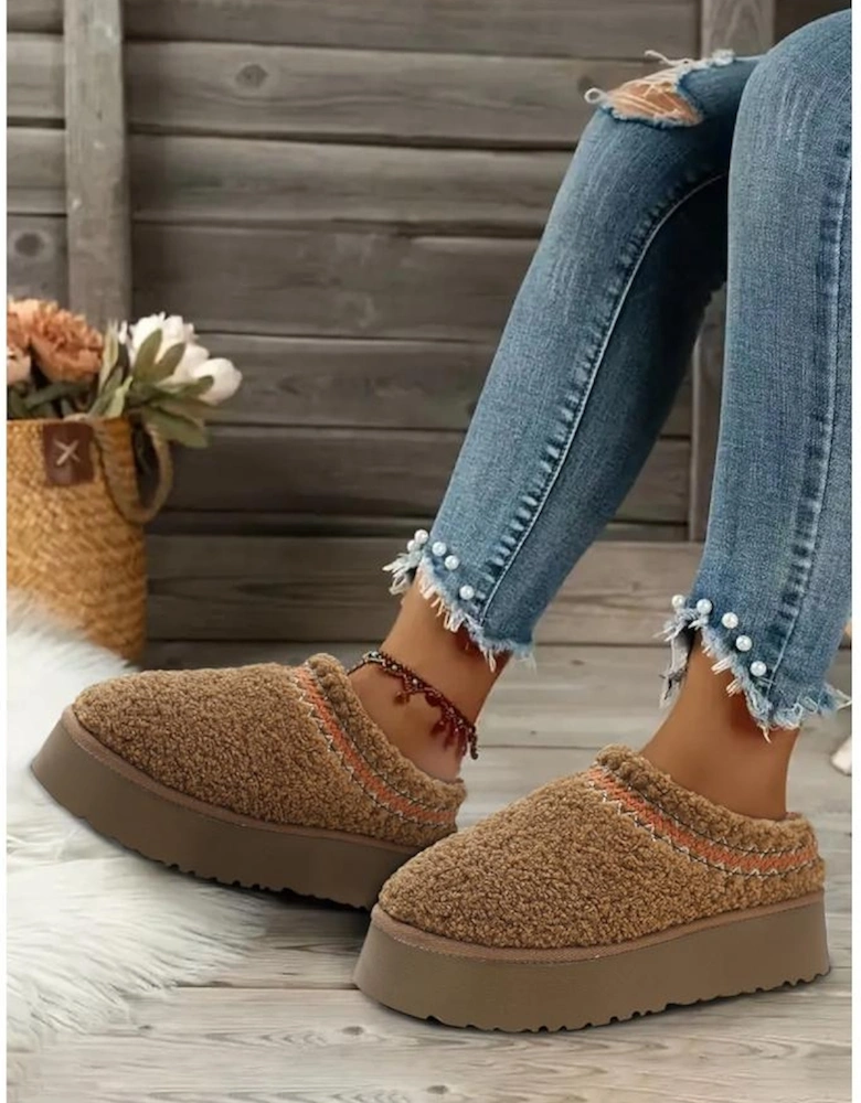 Azura Exchange Chestnut Embroidered Sherpa Plush Thick Sole Snow Boots