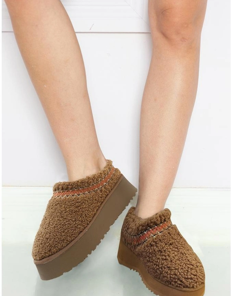 Azura Exchange Chestnut Embroidered Sherpa Plush Thick Sole Snow Boots