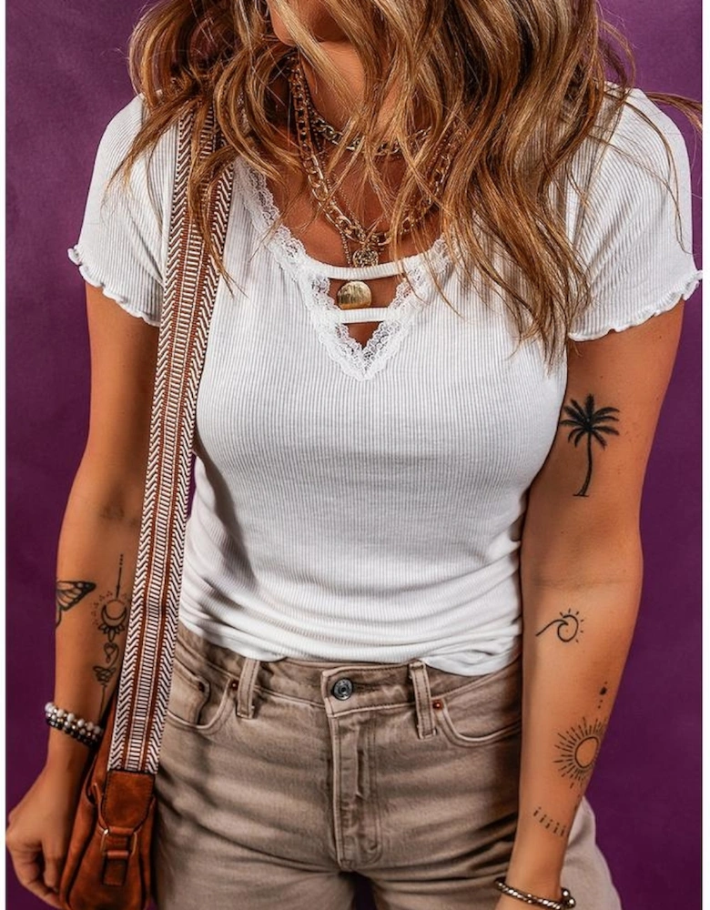 White Lace V Neckline Ribbed Slim Fit T Shirt