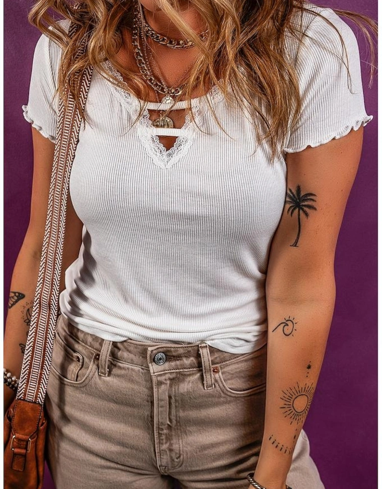 White Lace V Neckline Ribbed Slim Fit T Shirt