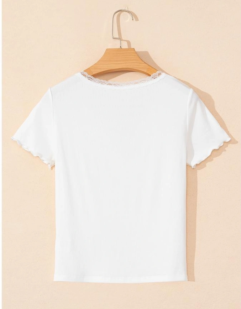 White Lace V Neckline Ribbed Slim Fit T Shirt