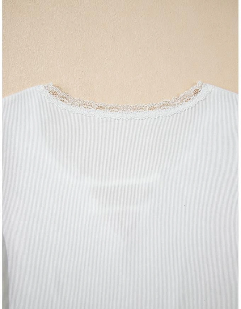 White Lace V Neckline Ribbed Slim Fit T Shirt