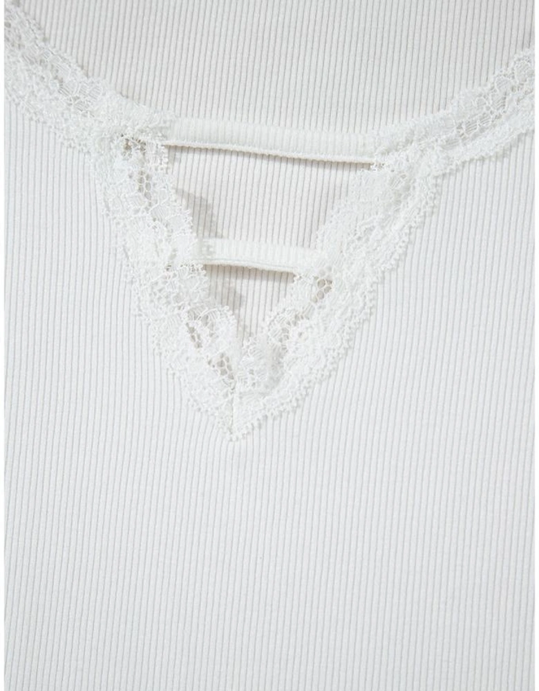 White Lace V Neckline Ribbed Slim Fit T Shirt