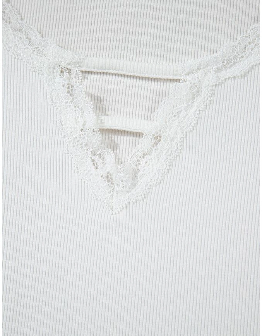 White Lace V Neckline Ribbed Slim Fit T Shirt