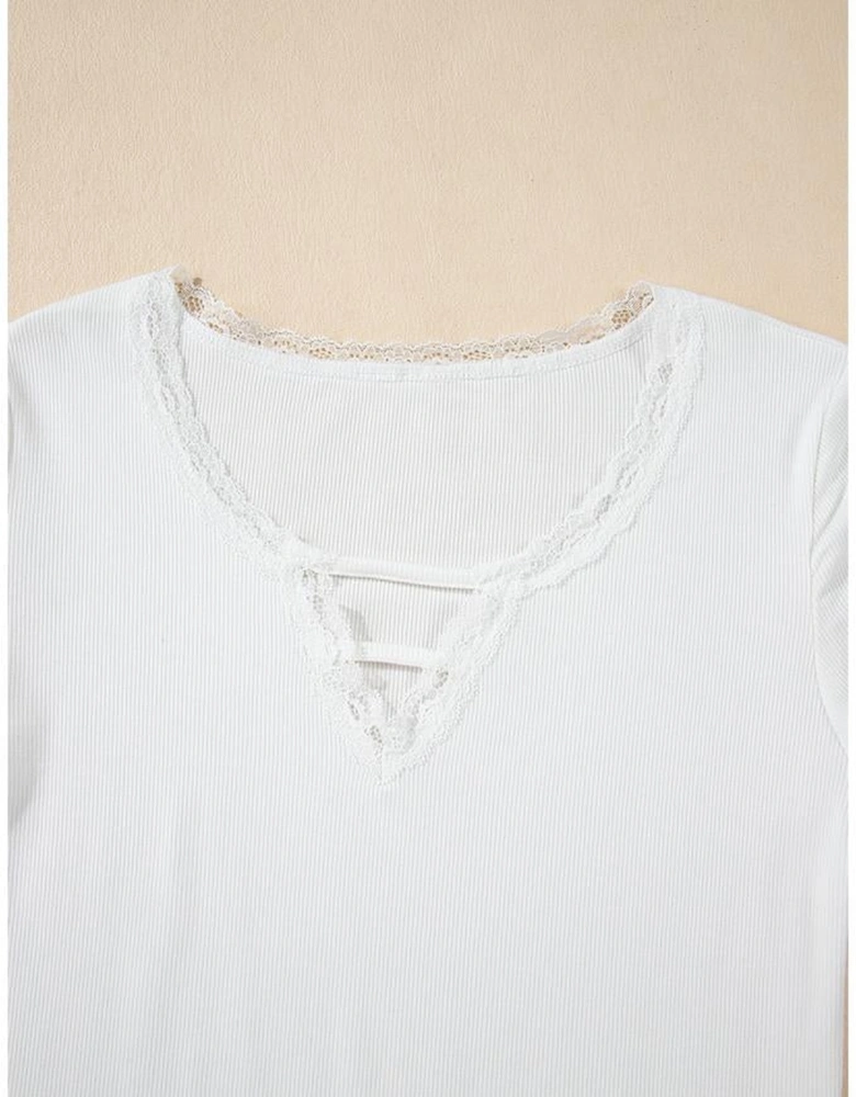 White Lace V Neckline Ribbed Slim Fit T Shirt