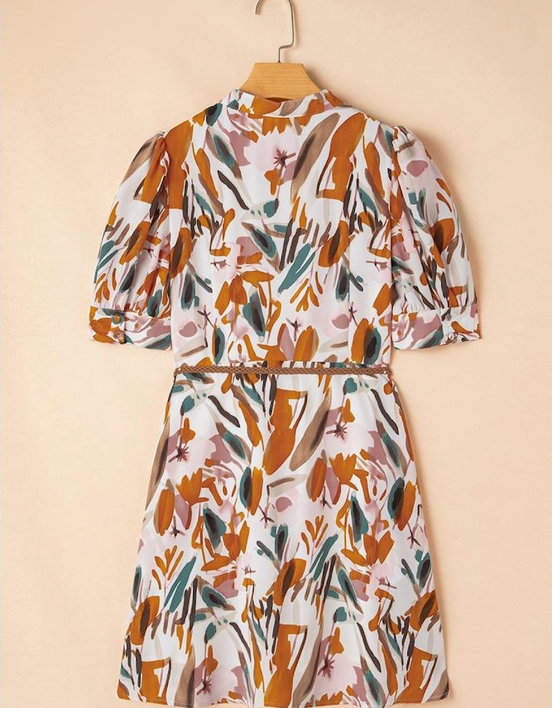 Brown Abstract Printed Puff Sleeve Button Up Braided Belt Mini Dress