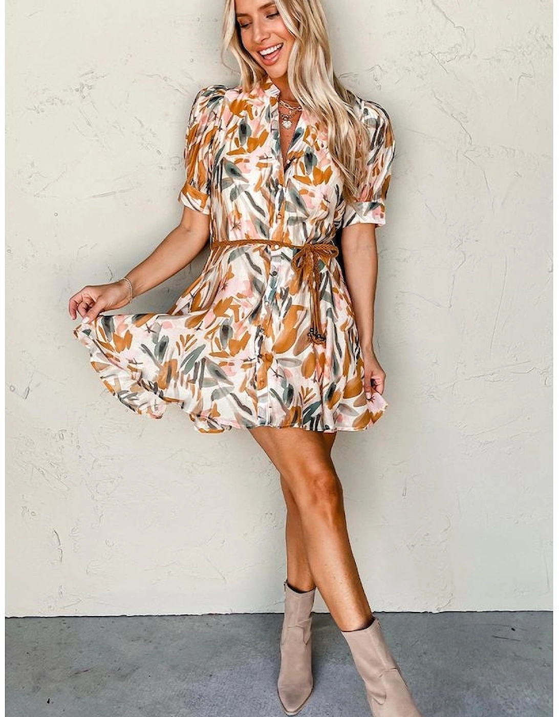 Brown Abstract Printed Puff Sleeve Button Up Braided Belt Mini Dress