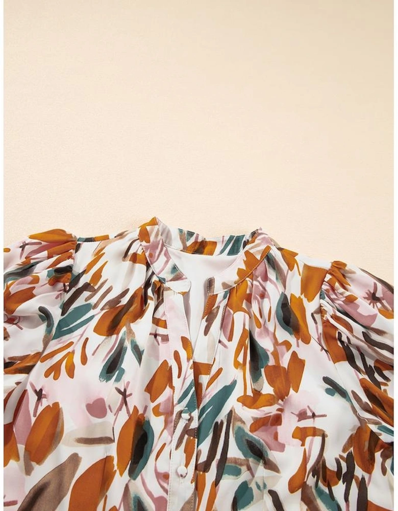 Brown Abstract Printed Puff Sleeve Button Up Braided Belt Mini Dress