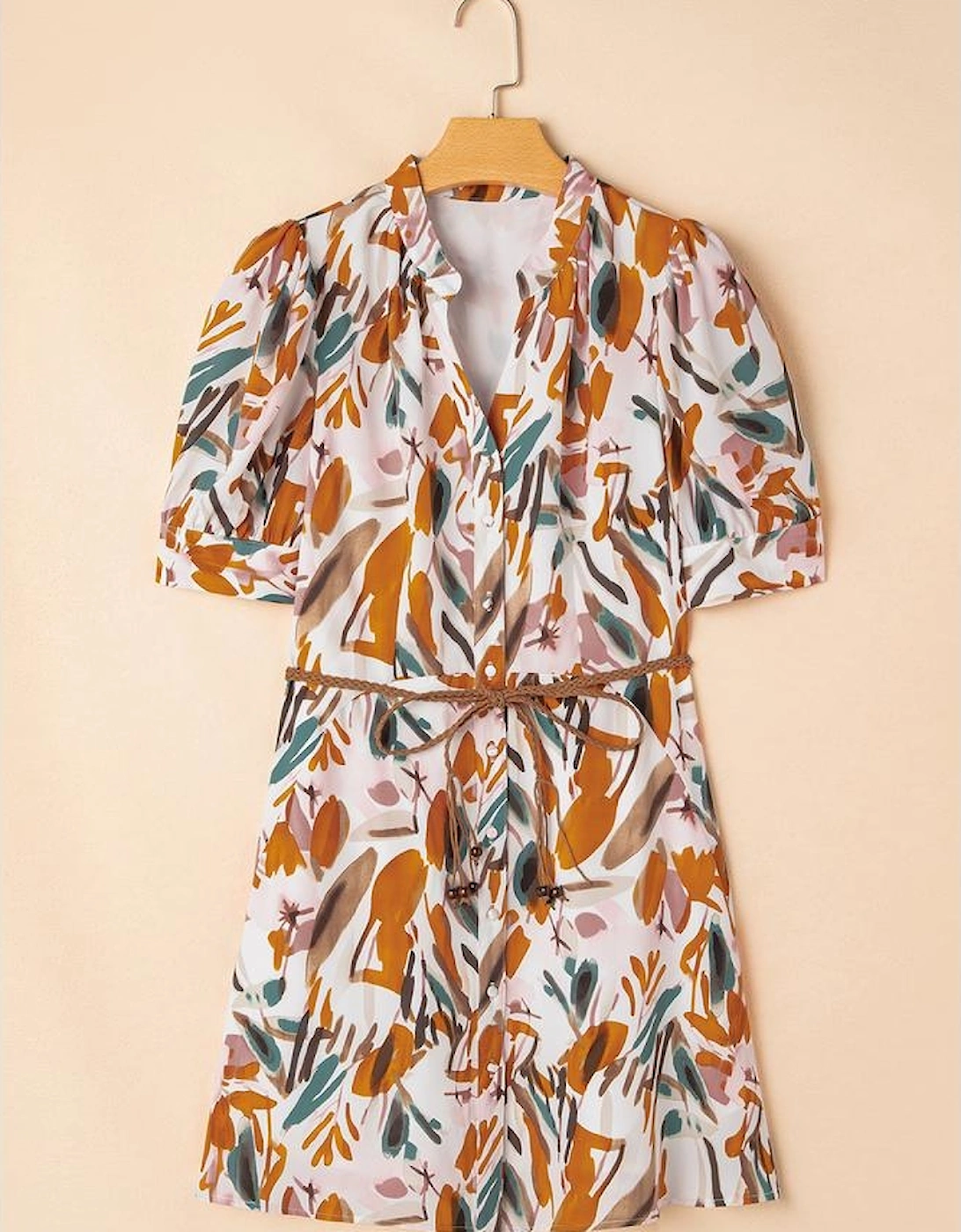 Brown Abstract Printed Puff Sleeve Button Up Braided Belt Mini Dress