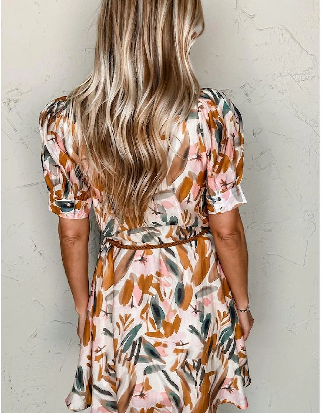 Brown Abstract Printed Puff Sleeve Button Up Braided Belt Mini Dress, 14 of 13