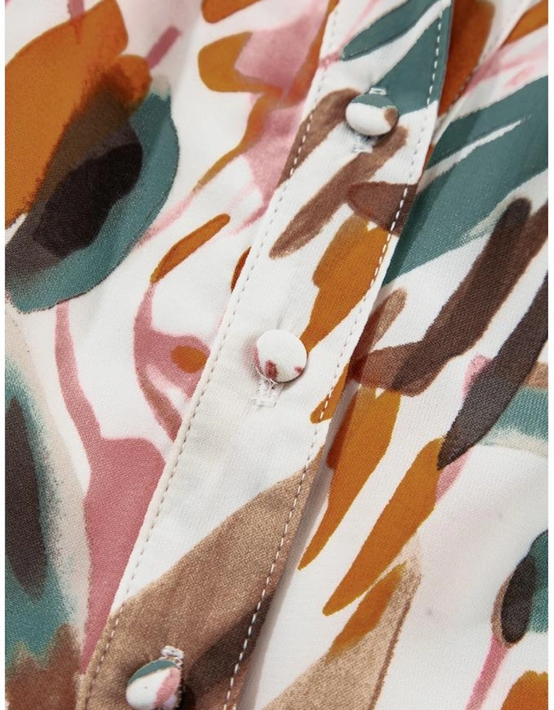 Brown Abstract Printed Puff Sleeve Button Up Braided Belt Mini Dress