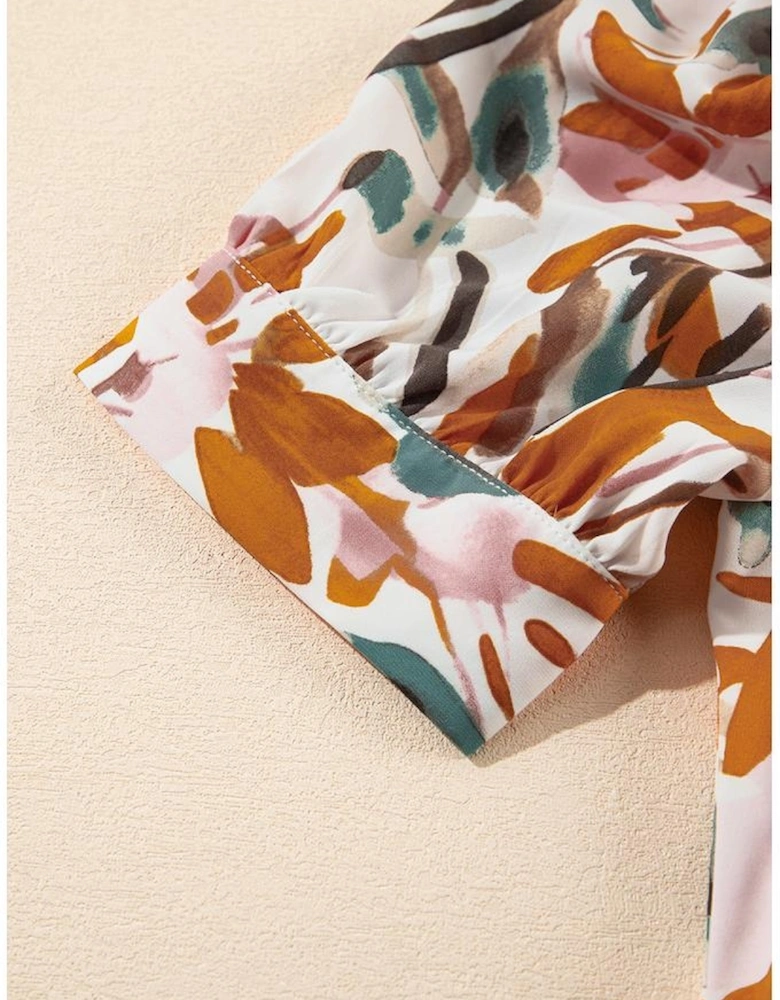 Brown Abstract Printed Puff Sleeve Button Up Braided Belt Mini Dress