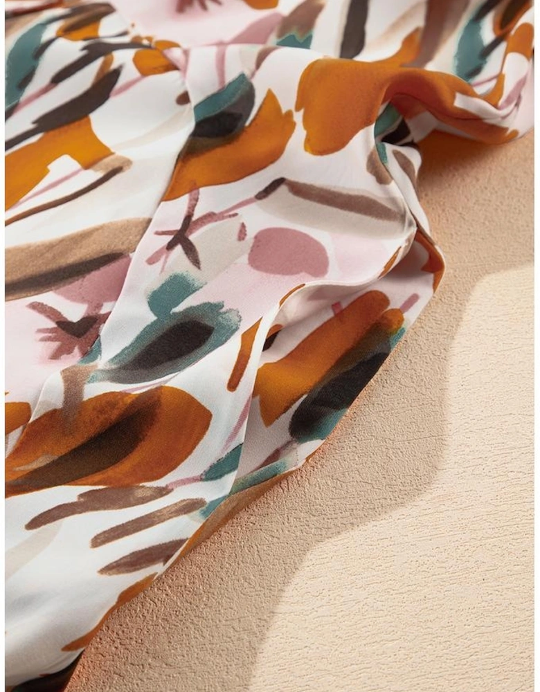 Brown Abstract Printed Puff Sleeve Button Up Braided Belt Mini Dress