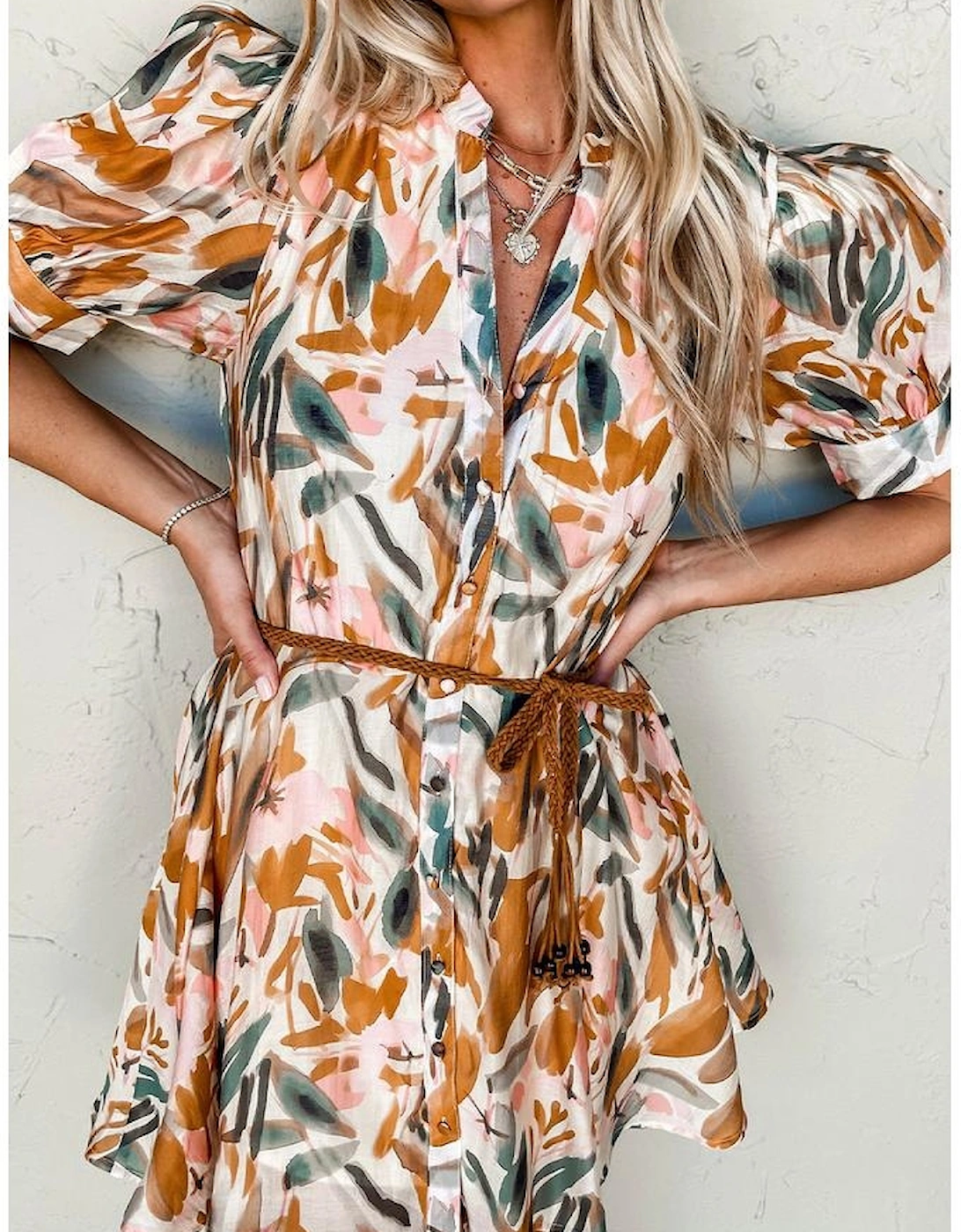 Brown Abstract Printed Puff Sleeve Button Up Braided Belt Mini Dress