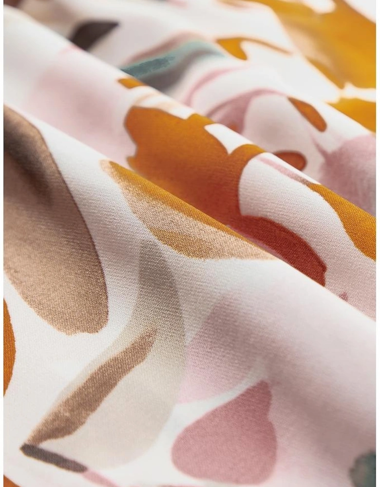 Brown Abstract Printed Puff Sleeve Button Up Braided Belt Mini Dress