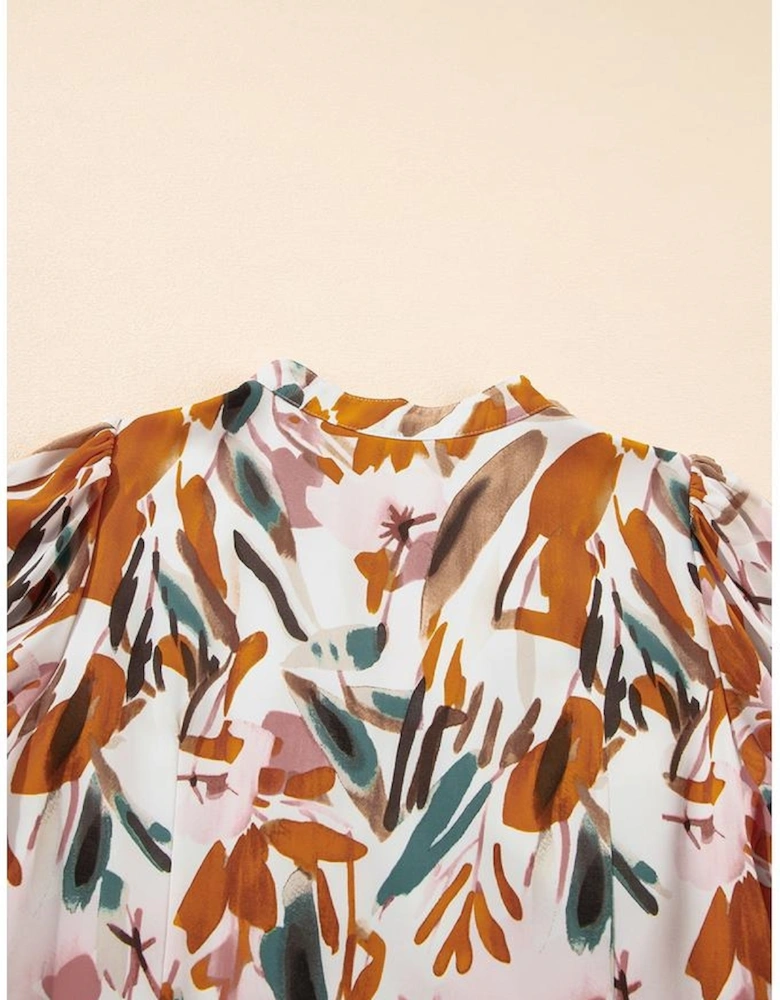 Brown Abstract Printed Puff Sleeve Button Up Braided Belt Mini Dress