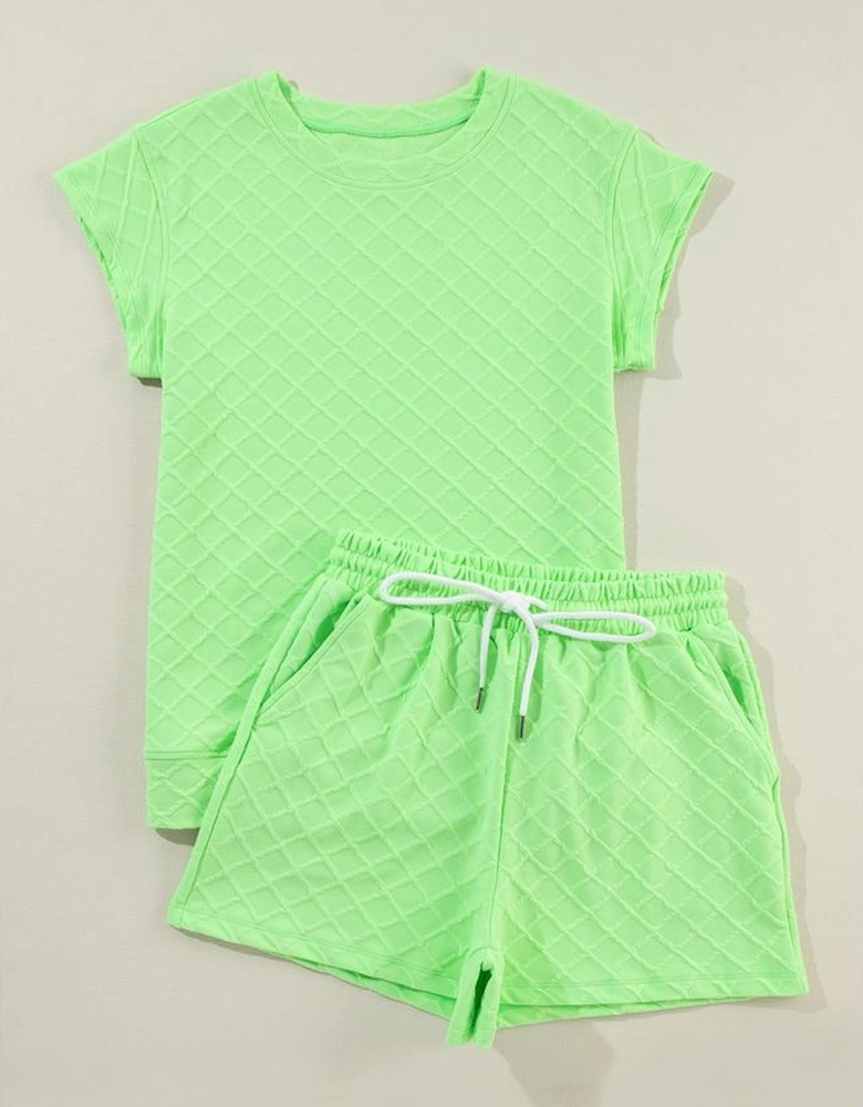 Light Green Checkered Textured Tee and Drawstring Shorts