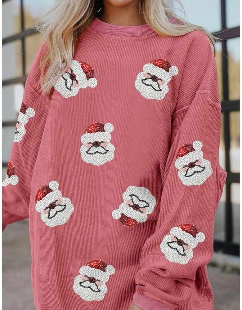 Strawberry Pink Sequin Santa Clause Christmas Corded Sweatshirt