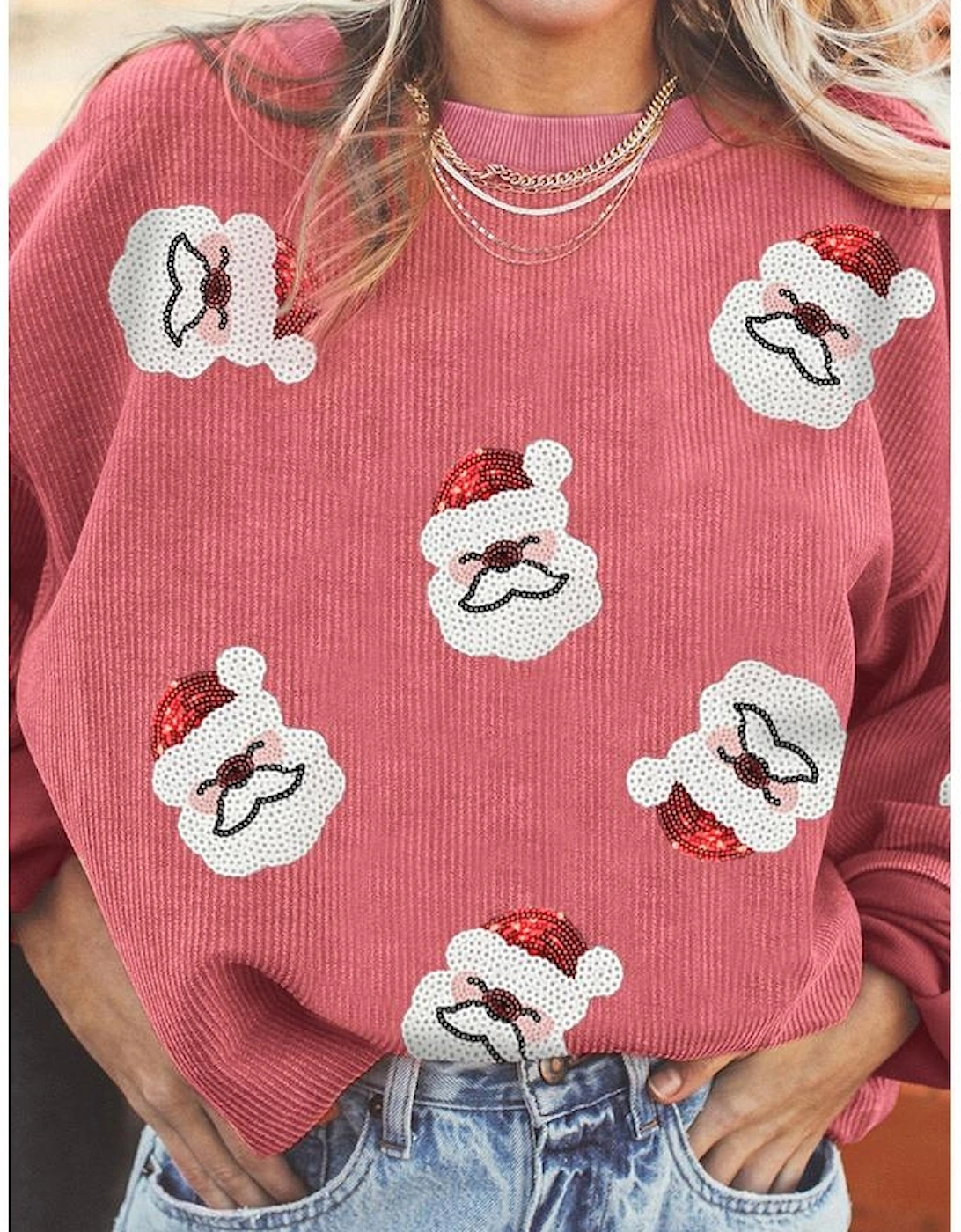 Strawberry Pink Sequin Santa Clause Christmas Corded Sweatshirt