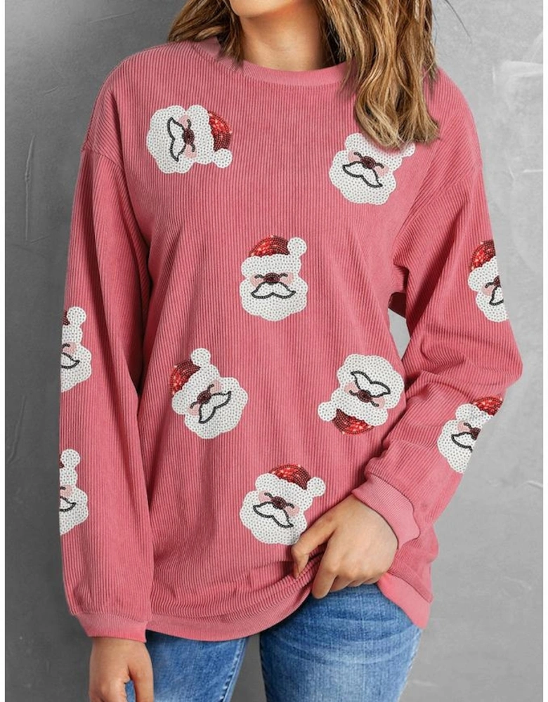 Strawberry Pink Sequin Santa Clause Christmas Corded Sweatshirt