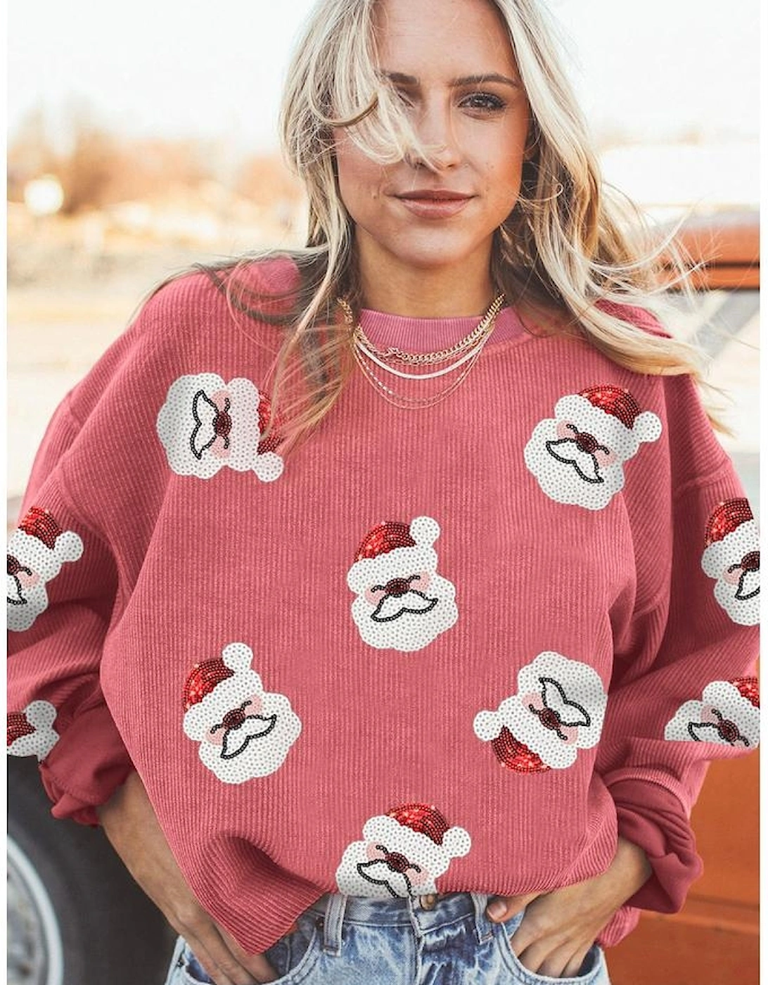 Strawberry Pink Sequin Santa Clause Christmas Corded Sweatshirt
