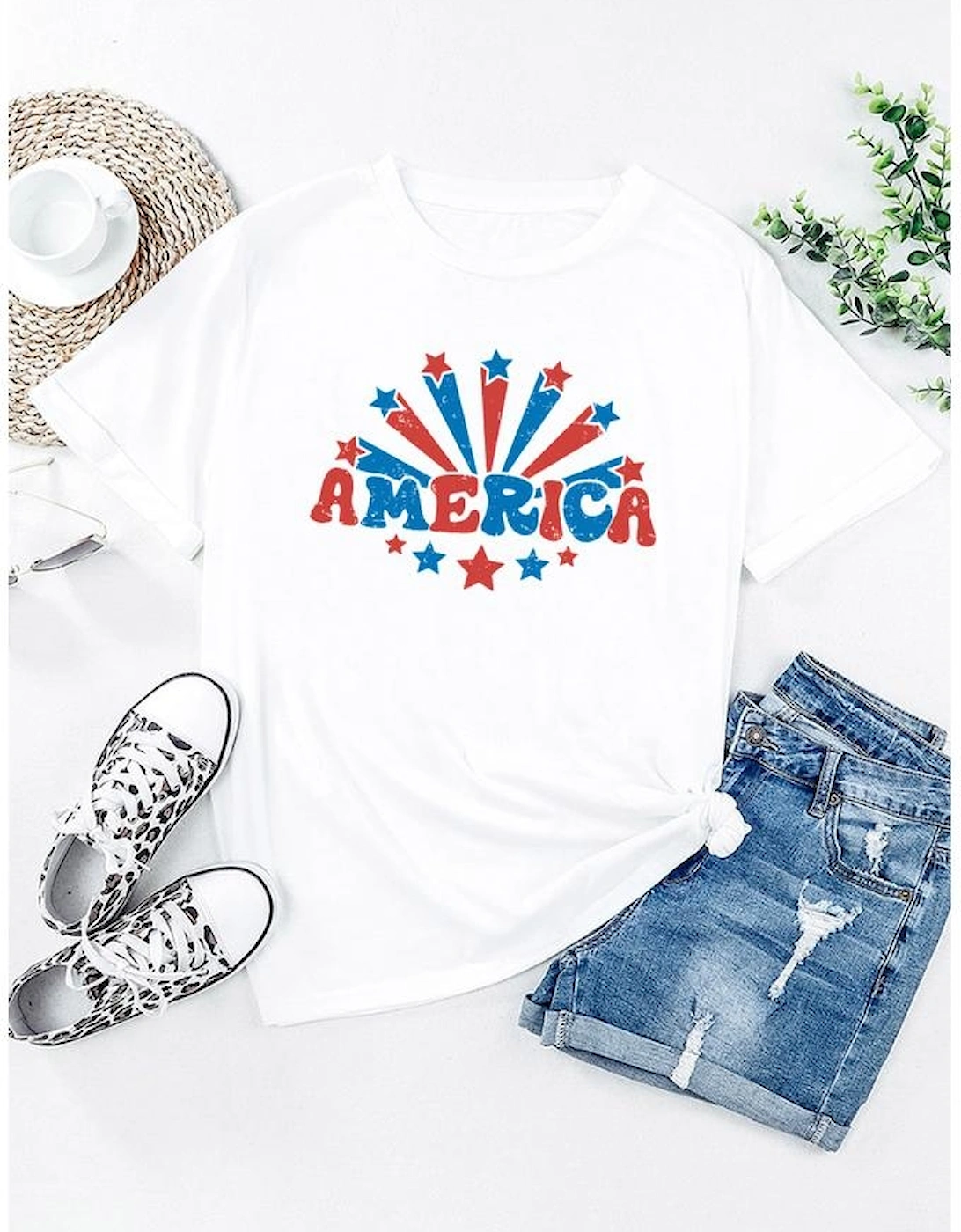 White AMERICA Star Graphic Round Neck Tee