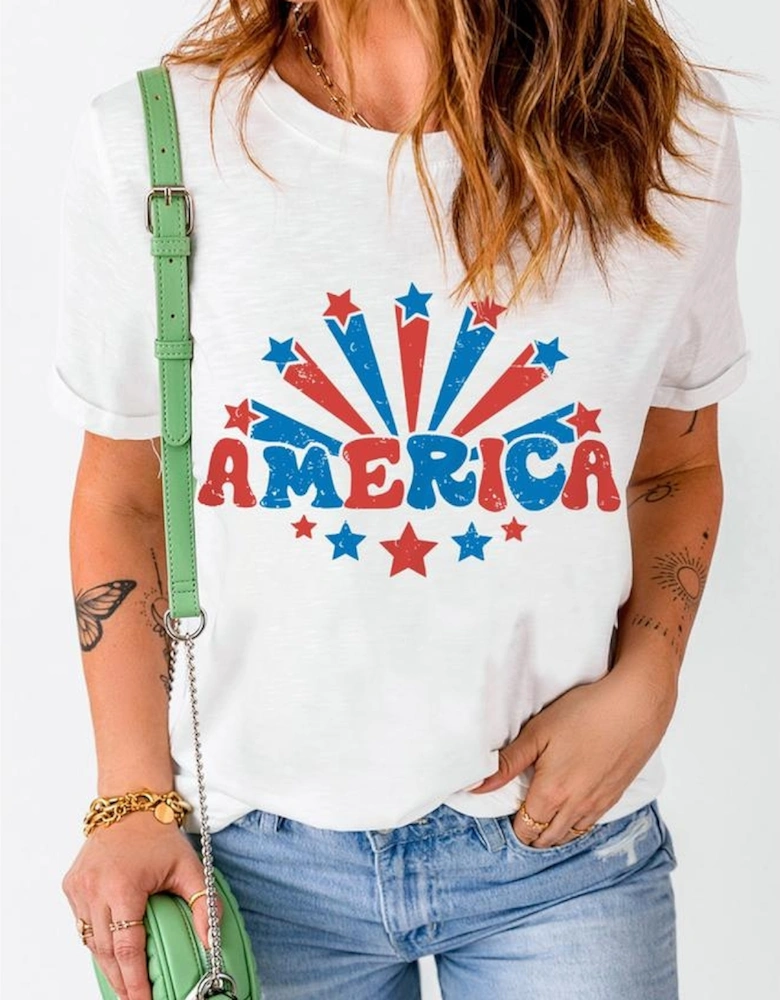 White AMERICA Star Graphic Round Neck Tee