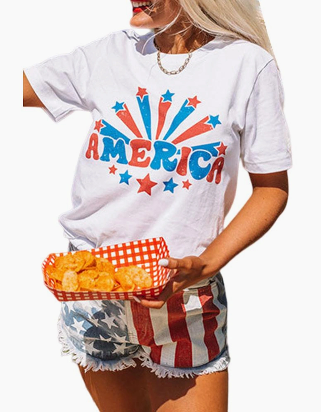 White AMERICA Star Graphic Round Neck Tee