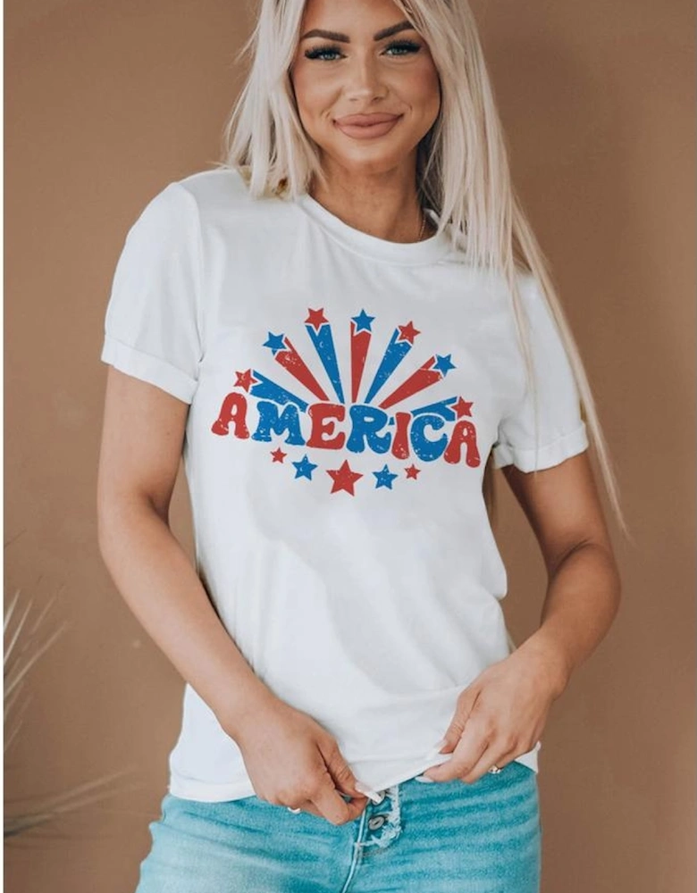 White AMERICA Star Graphic Round Neck Tee