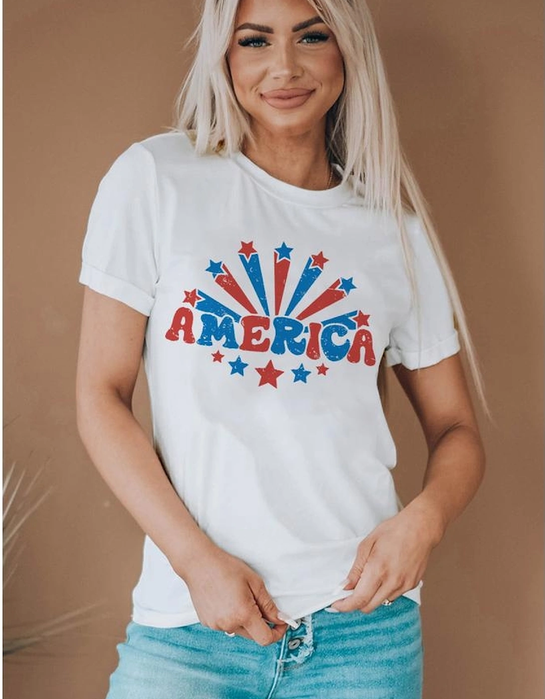 White AMERICA Star Graphic Round Neck Tee