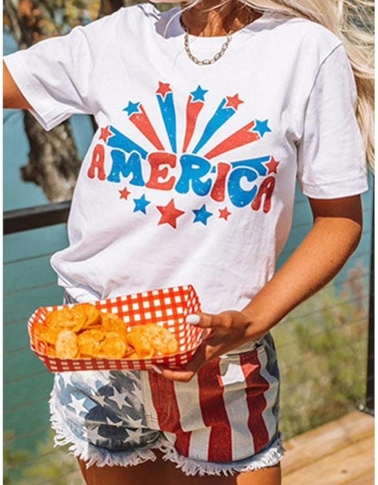 White AMERICA Star Graphic Round Neck Tee