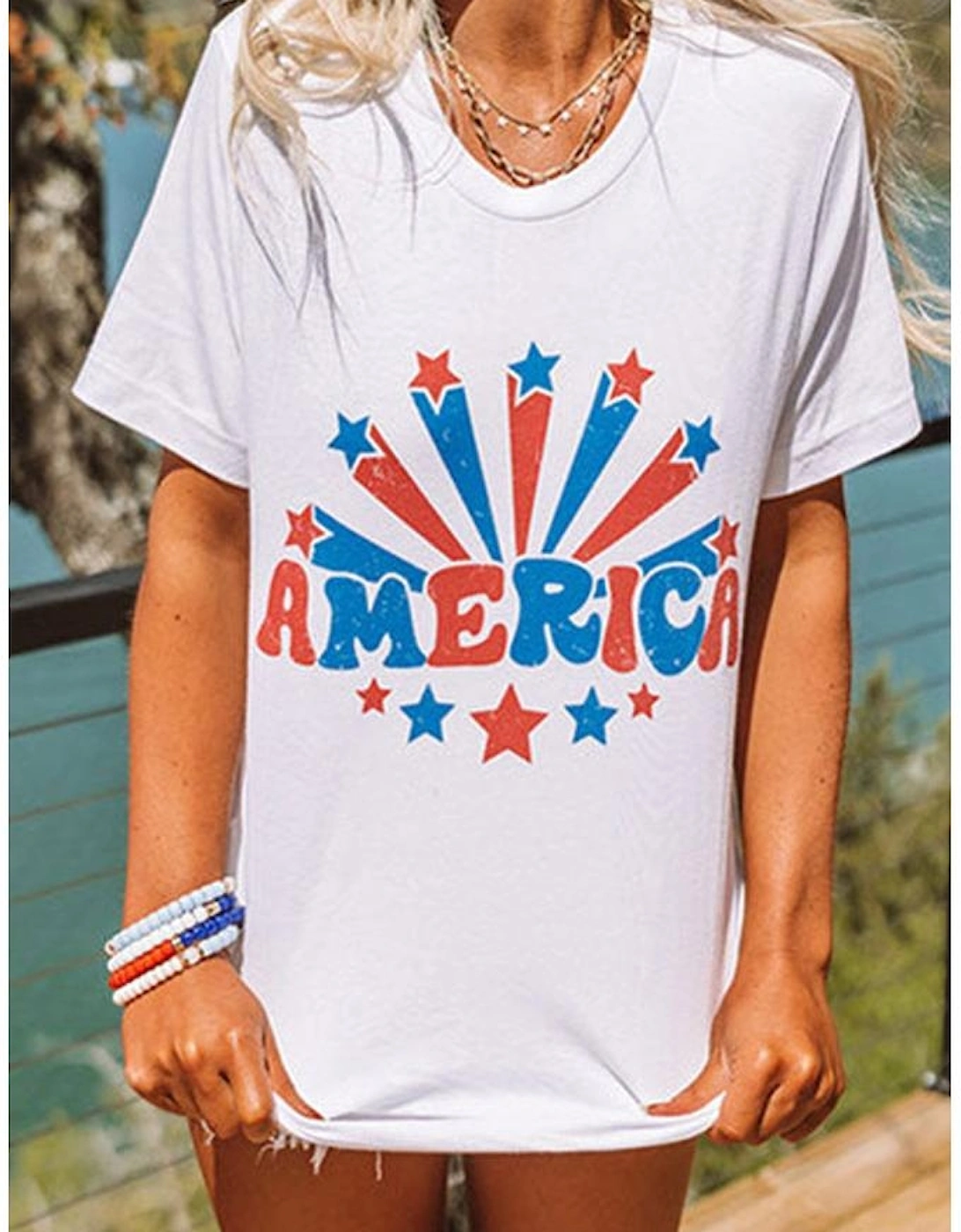White AMERICA Star Graphic Round Neck Tee