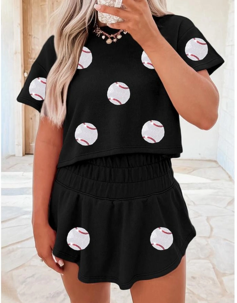 Black Baseball Print Skort Set