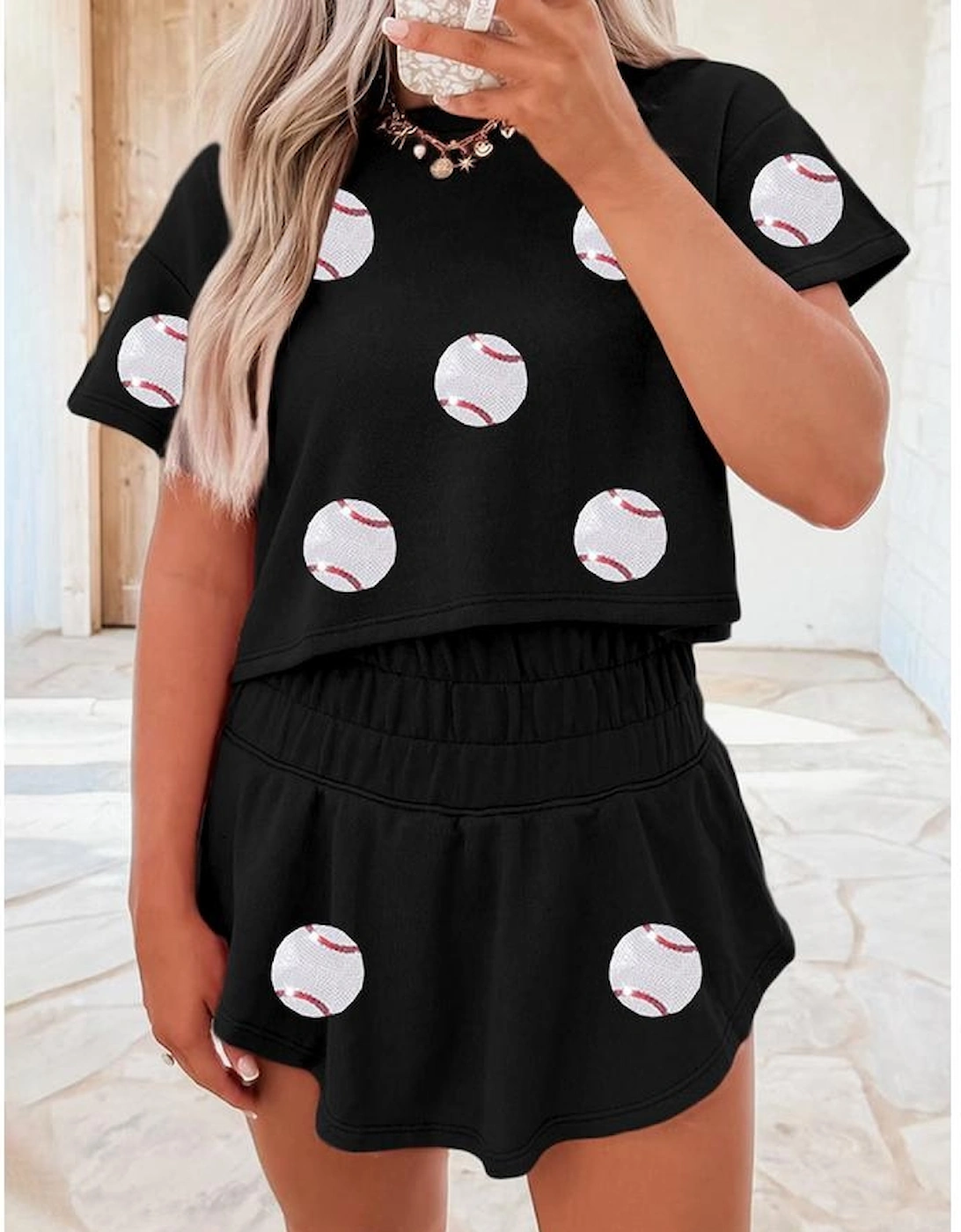 Black Baseball Print Skort Set