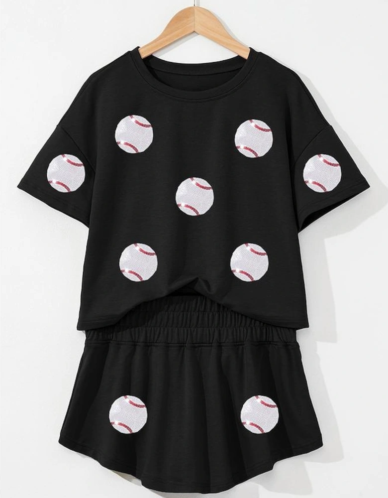 Black Baseball Print Skort Set