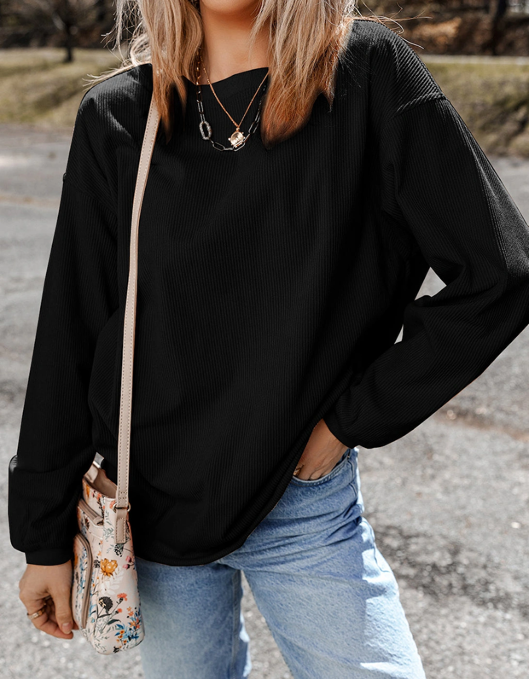 Black JOLENE Ribbed Corded Oversized Sweatshirt